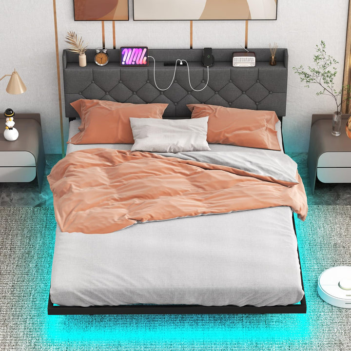 Giantex Queen/Full Size Floating Bed Frame with LED Lights, Modern Platform Bed with Adjustable Upholstered Headboard &amp; Charging Station