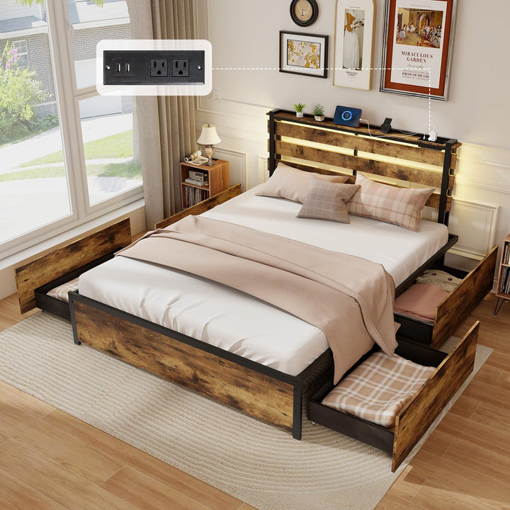 Giantex Queen/Full/Twin Size Bed Frame with LED Lights Headboard and 4 Storage Drawers