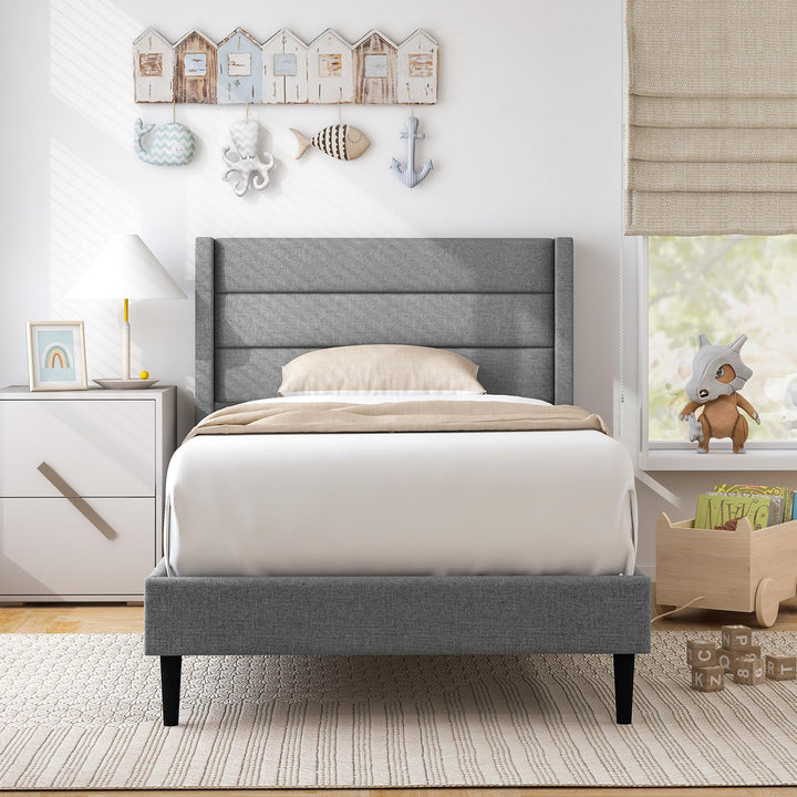 Giantex Queen/Twin Size Bed Frame, Modern Linen Upholstered Platform Bed with Wingback Headboard