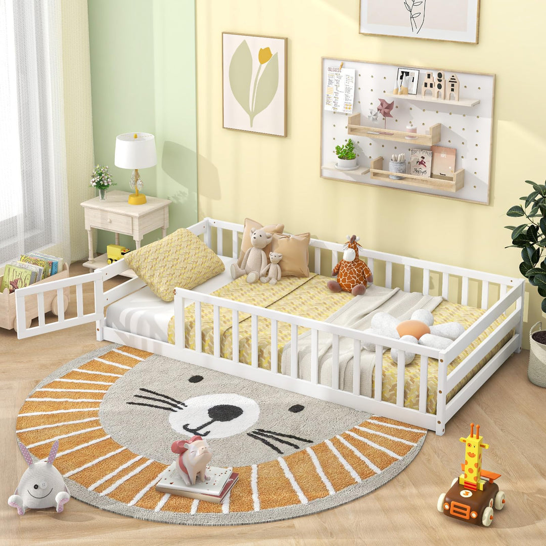 Giantex Twin Floor Bed with Door &amp; Fence, Kids Wood Montessori Bed with Safety Guardrails