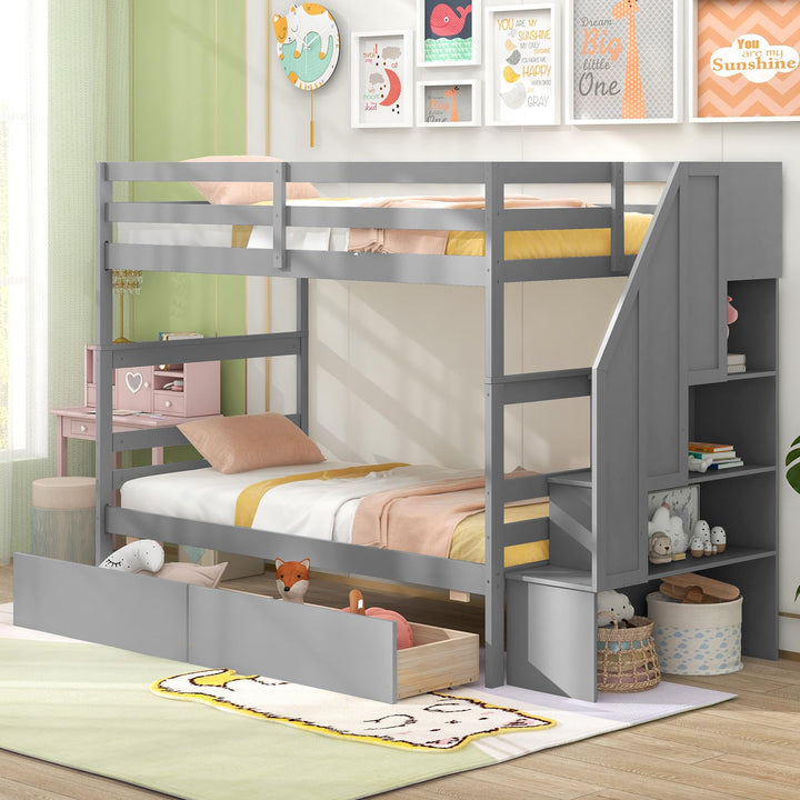Giantex Bunk Bed Twin Over Twin with Storage Stairs &amp; Drawers, Solid Wood Bunk Bed with Full-Length Guardrails