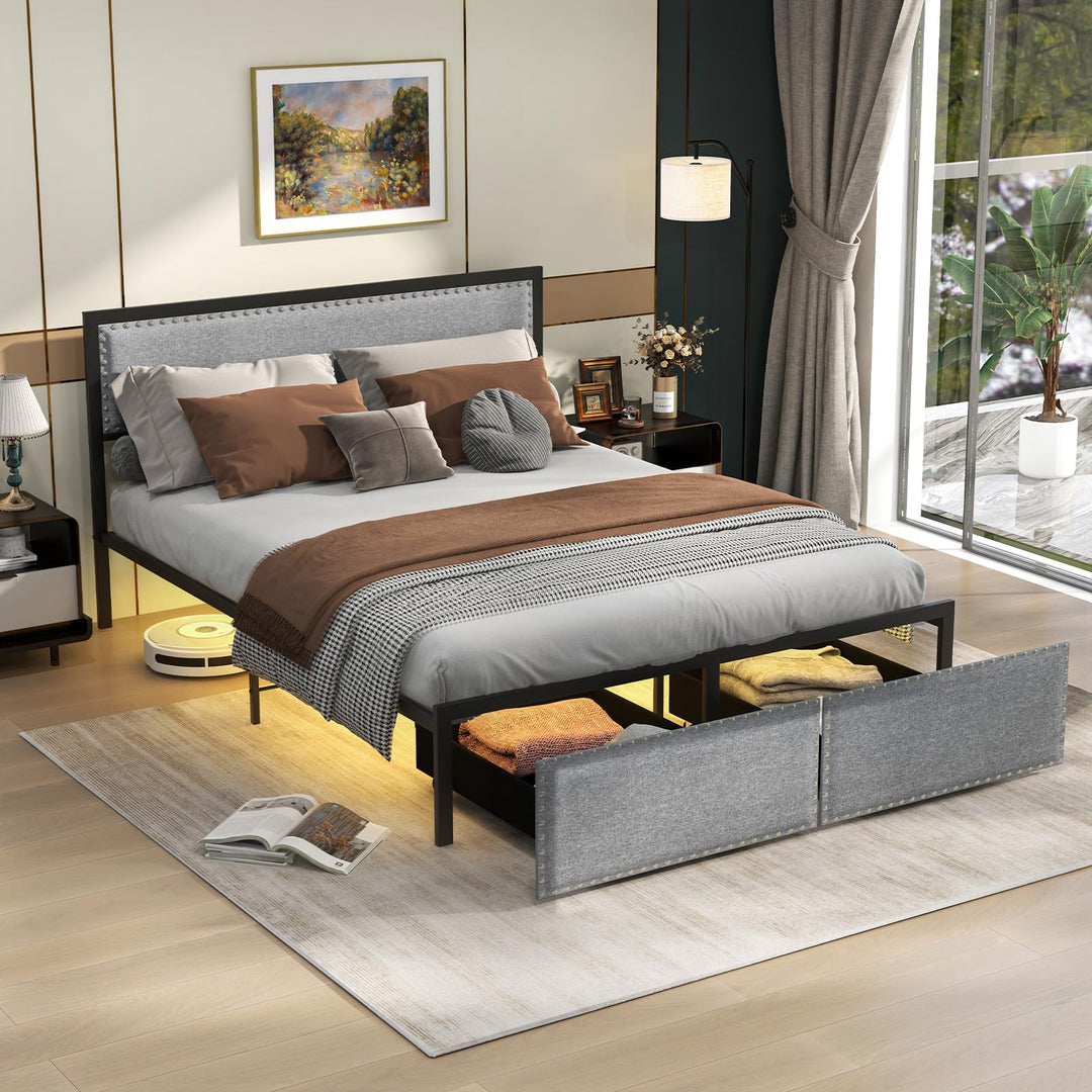 Giantex Queen/Full/Twin Size Bed Frame with LED Lights and 2 Storage Drawers