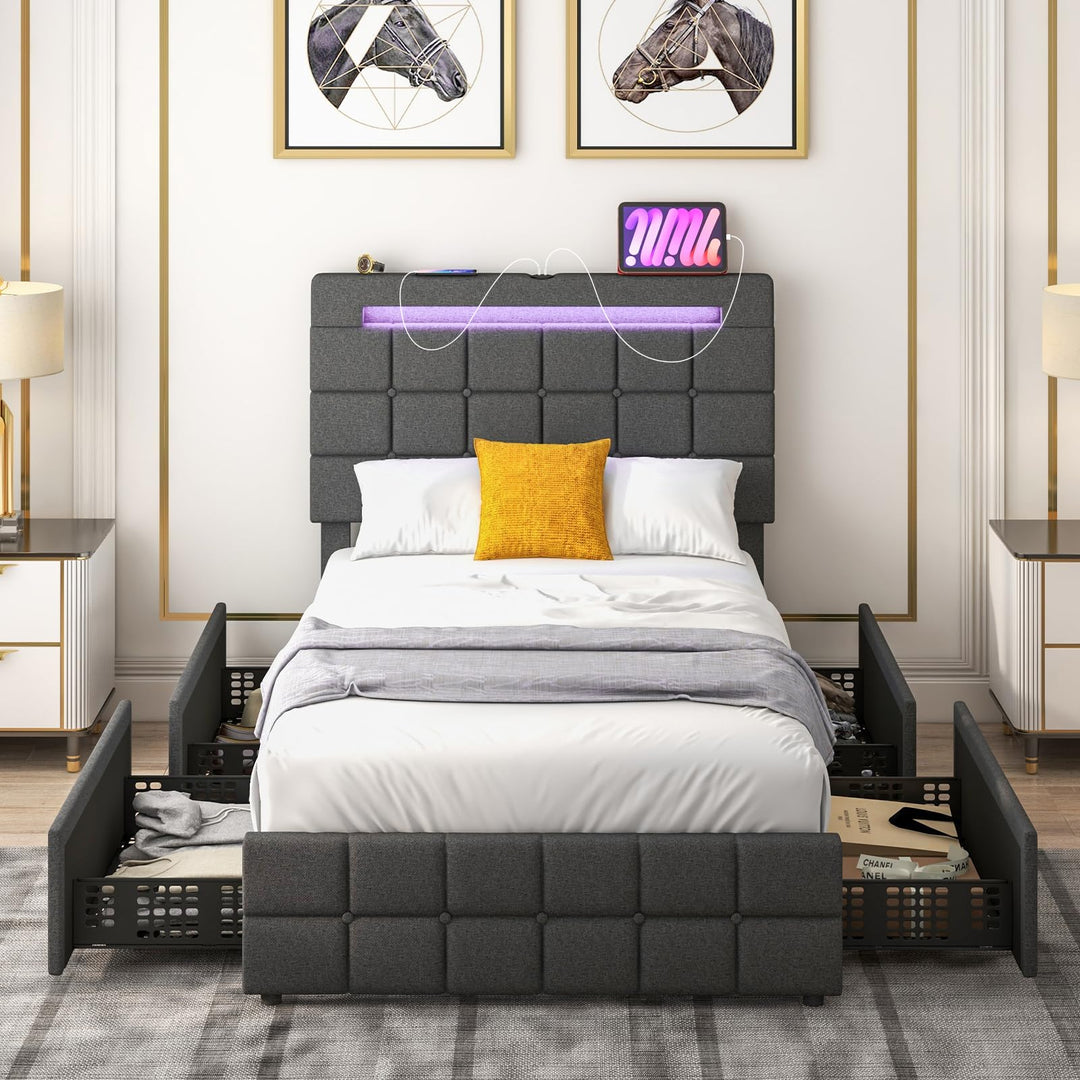 Giantex Full/Twin Size Bed Frame with LED Lights and 4 Drawers