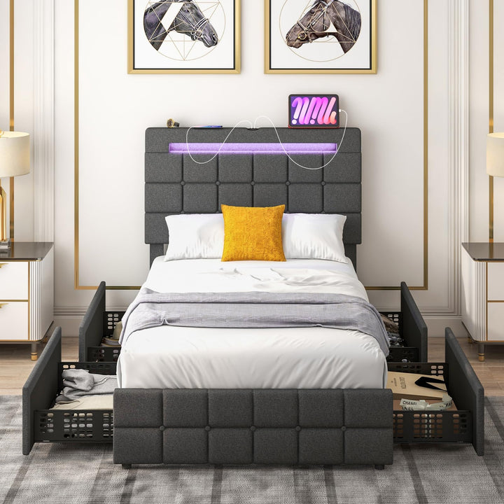 Giantex Full/Twin Size Bed Frame with LED Lights and 4 Drawers