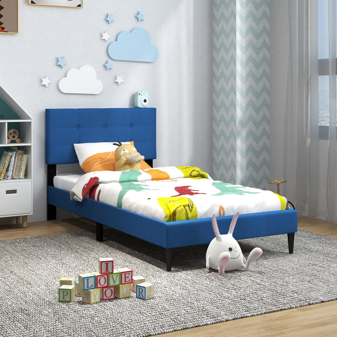 Giantex Queen/Twin Size Platform Bed Frame with Button Tufted Headboard and Wooden Slats