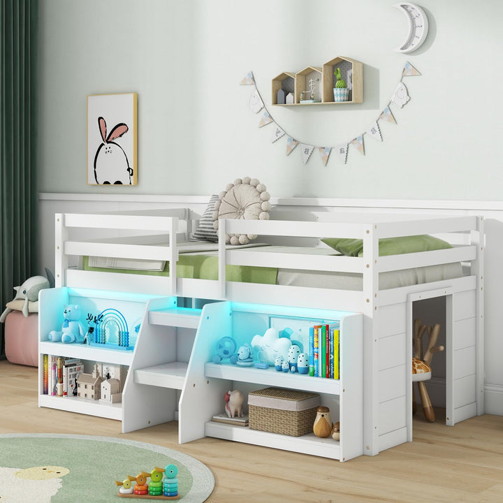 Giantex Low Loft Bed with LED Lights, Wooden Twin Loft Bed with Stairs &amp; Safety Guardrail