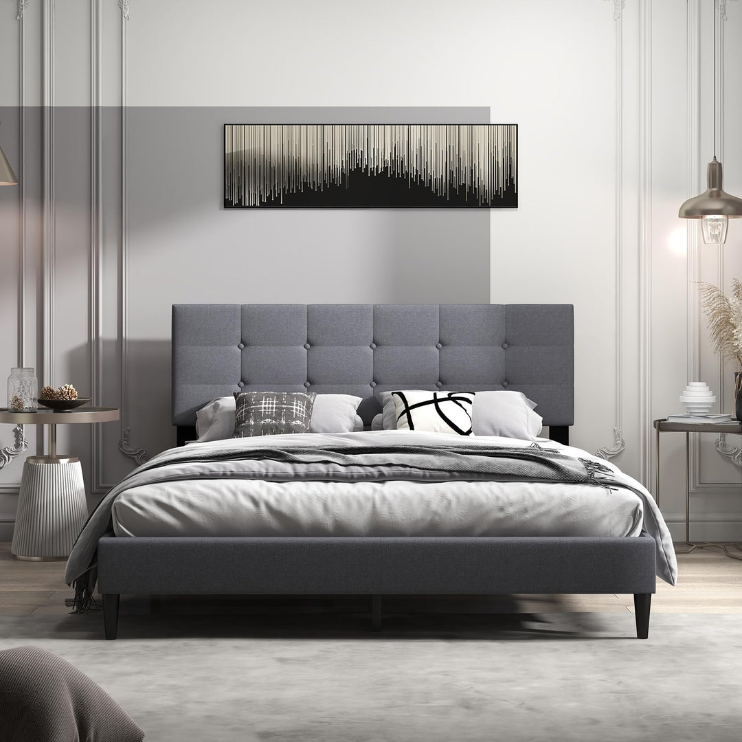Giantex Queen/Twin Size Platform Bed Frame with Button Tufted Headboard and Wooden Slats