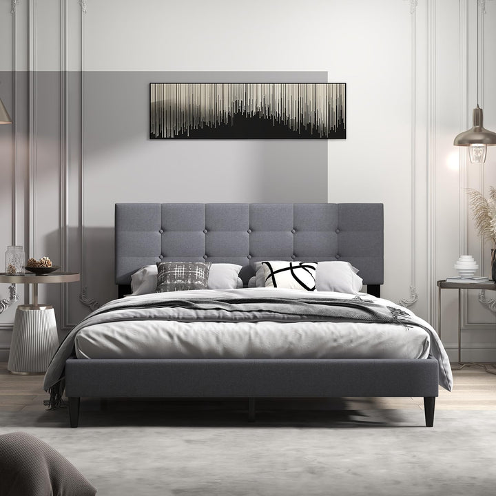 Giantex Queen/Twin Size Platform Bed Frame with Button Tufted Headboard and Wooden Slats