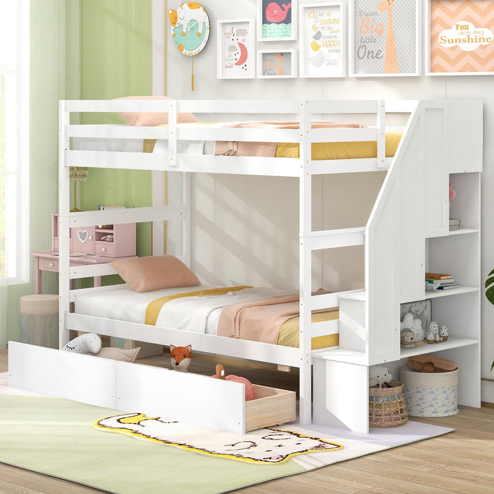Giantex Bunk Bed Twin Over Twin with Storage Stairs &amp; Drawers, Solid Wood Bunk Bed with Full-Length Guardrails