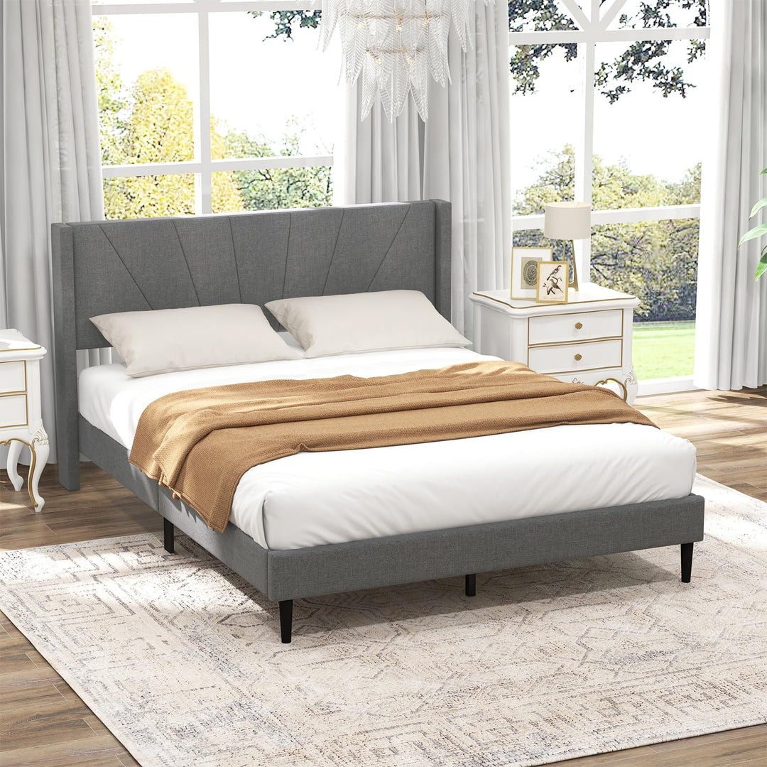 Giantex Queen/Twin Size Bed Frame, Modern Linen Upholstered Platform Bed with Wingback Headboard