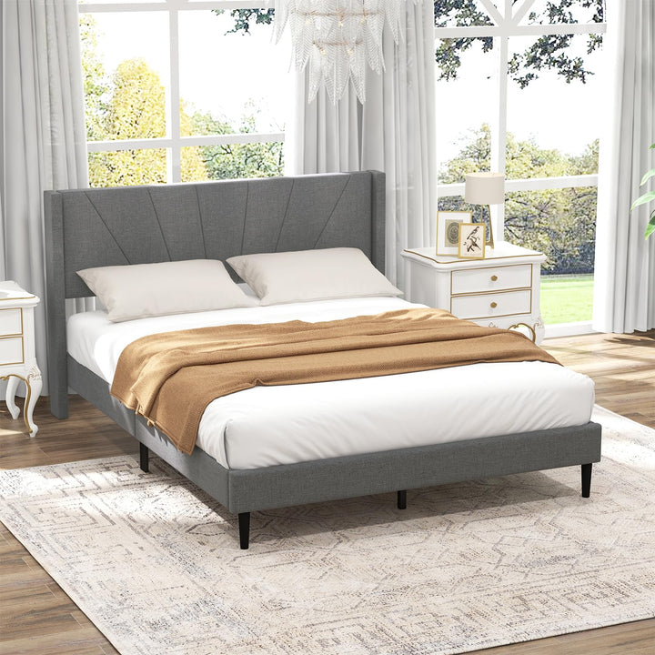 Giantex Queen/Twin Size Bed Frame, Modern Linen Upholstered Platform Bed with Wingback Headboard