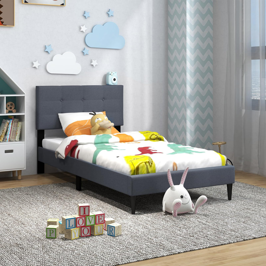 Giantex Queen/Twin Size Platform Bed Frame with Button Tufted Headboard and Wooden Slats
