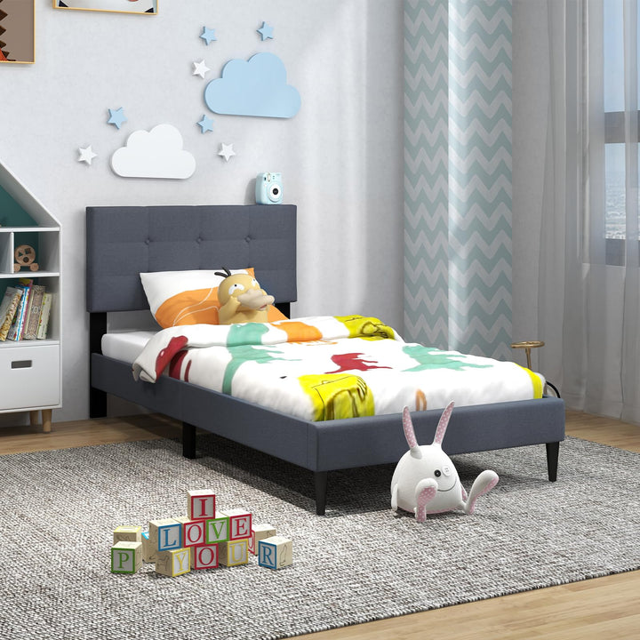 Giantex Queen/Twin Size Platform Bed Frame with Button Tufted Headboard and Wooden Slats