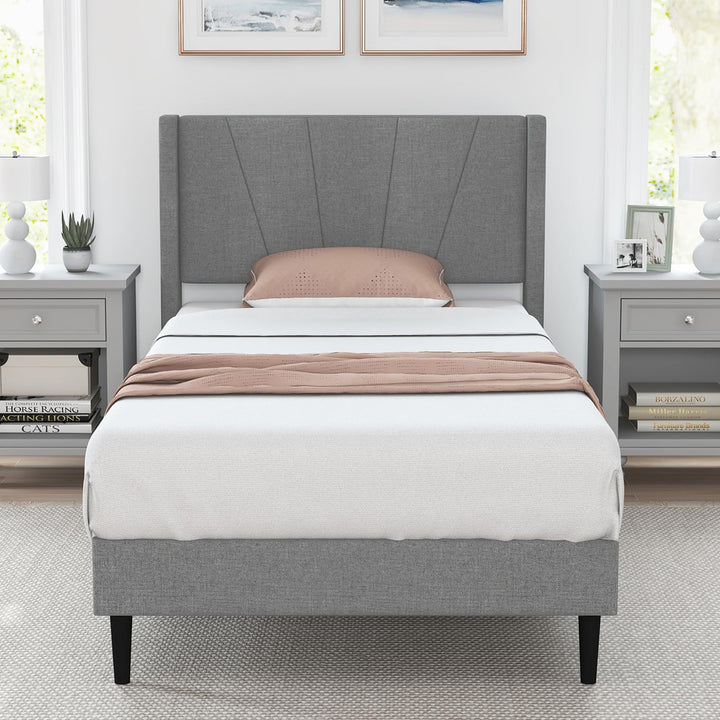 Giantex Queen/Twin Size Bed Frame, Modern Linen Upholstered Platform Bed with Wingback Headboard