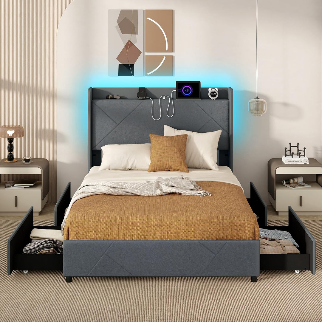 Giantex Full/Queen Size Bed Frame with 4 Storage Drawers &amp; LED Lights, Headboard &amp; Charging Station, Wooden Slats, Easy Assembly, Grey
