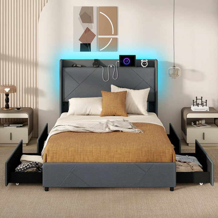 Giantex Full/Queen Size Bed Frame with 4 Storage Drawers &amp; LED Lights, Headboard &amp; Charging Station, Wooden Slats, Easy Assembly, Grey