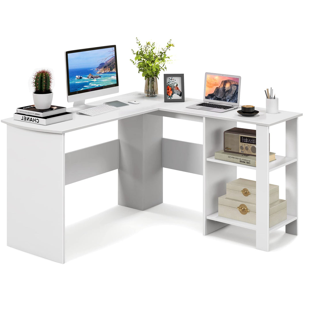 Giantex L Shaped Computer Desk, 51" Large Corner Desk with 2 Cable Holes &amp; 2 Storage Shelves, White