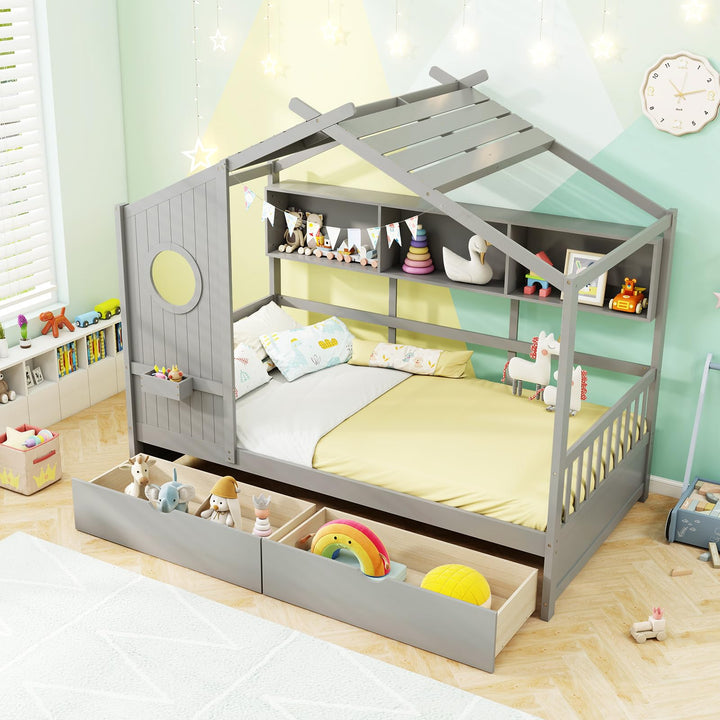 Giantex Twin House Bed with 2 Storage Drawers, Kids Bed Frame with Storage Cubes, Montessori Bed with Fence Guardrails &amp; Roof