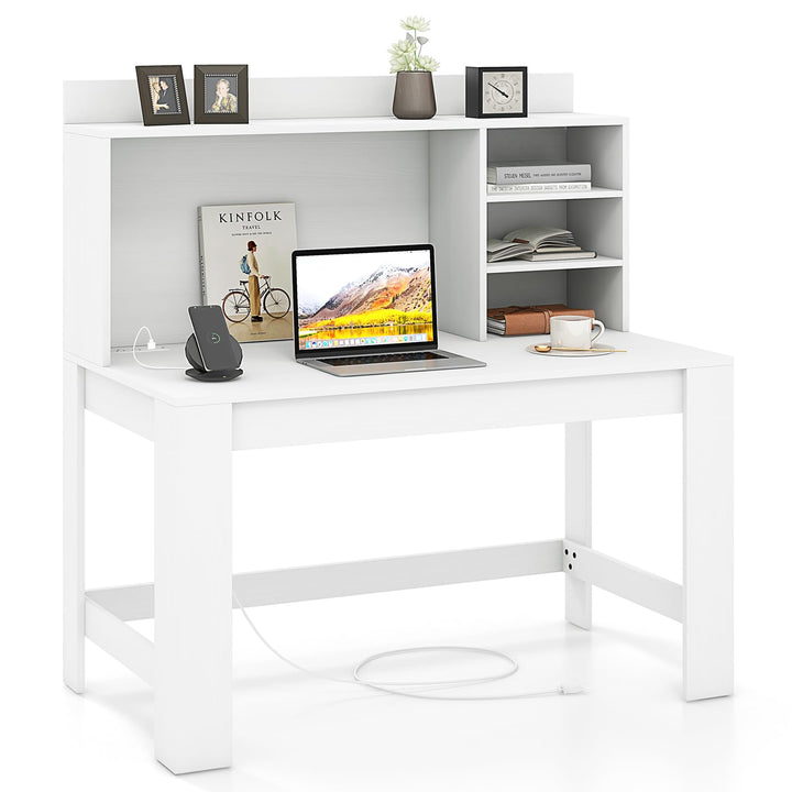 Giantex Computer Desk with Hutch, Modern Home Office Desk with Power Outlets, Storage Shelves &amp; Cable Hole