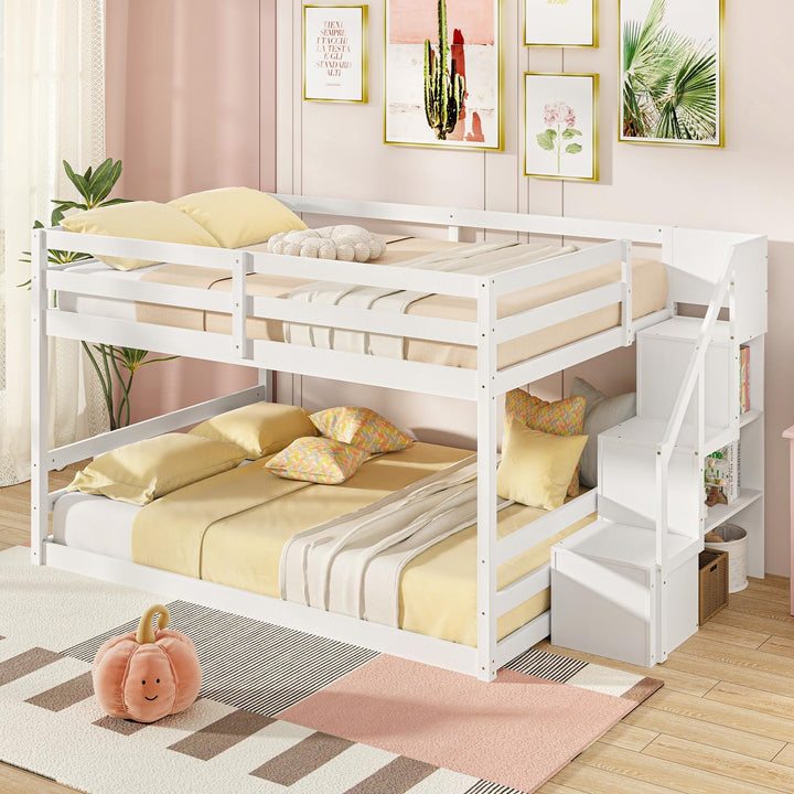Giantex Bunk Bed with Stairs, Solid Wood Floor Bunk Bed with Storage Staircase &amp; Full-Length Guardrails