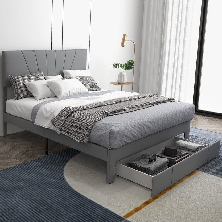Giantex Upholstered Queen Bed Frame with Drawer, Modern Platform Bed with Storage &amp; Adjustable Headboard