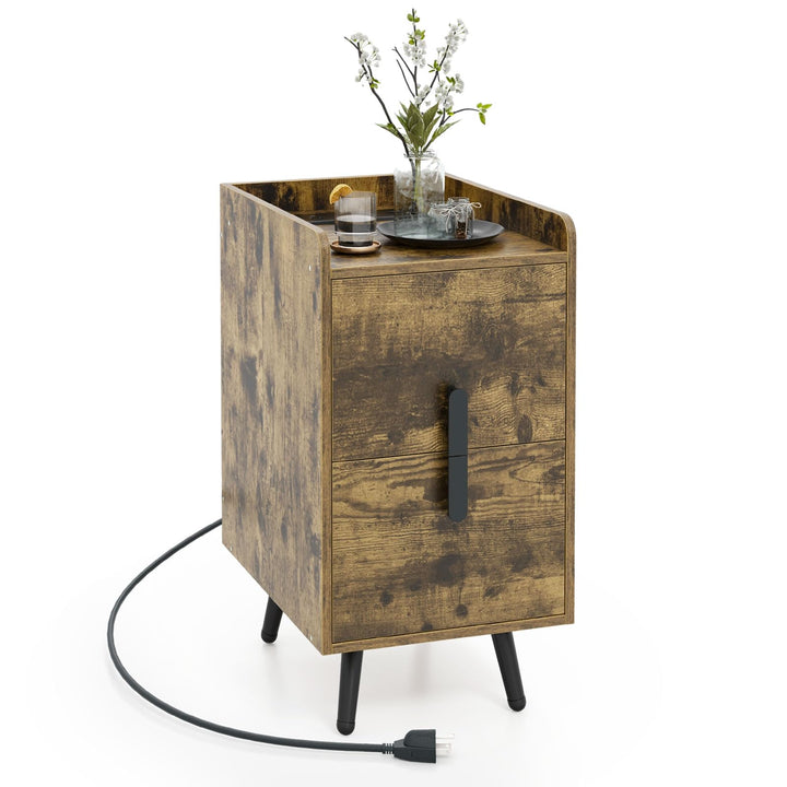 Giantex Nightstand with Charging Station, Narrow End Table with 2 Drawers &amp; Metal Gold Legs