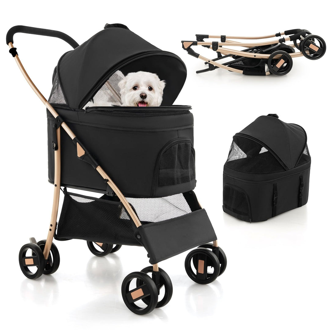 Giantex Pet Stroller 3-in-1, Folding Dog Stroller Detachable Carrier Car Seat (Black &amp; Gold)