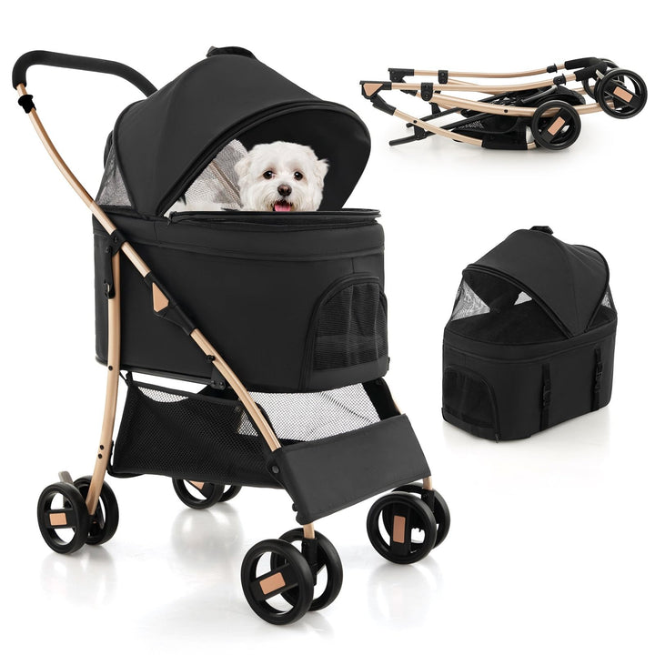 Giantex Pet Stroller 3-in-1, Folding Dog Stroller Detachable Carrier Car Seat (Black &amp; Gold)