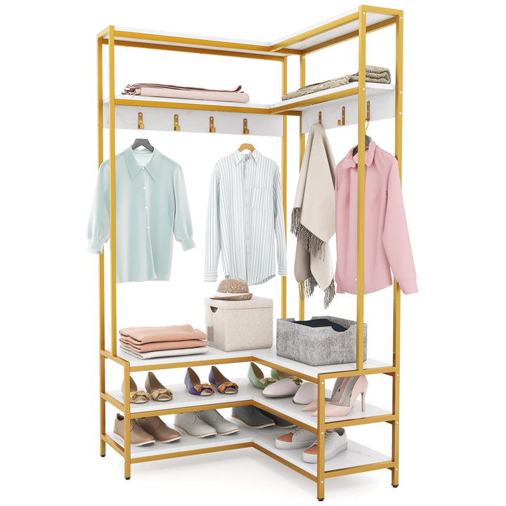 Giantex Corner Coat Rack with Shoe Bench, L-shaped Garment Rack with 5 Shelves &amp; 7 Hooks
