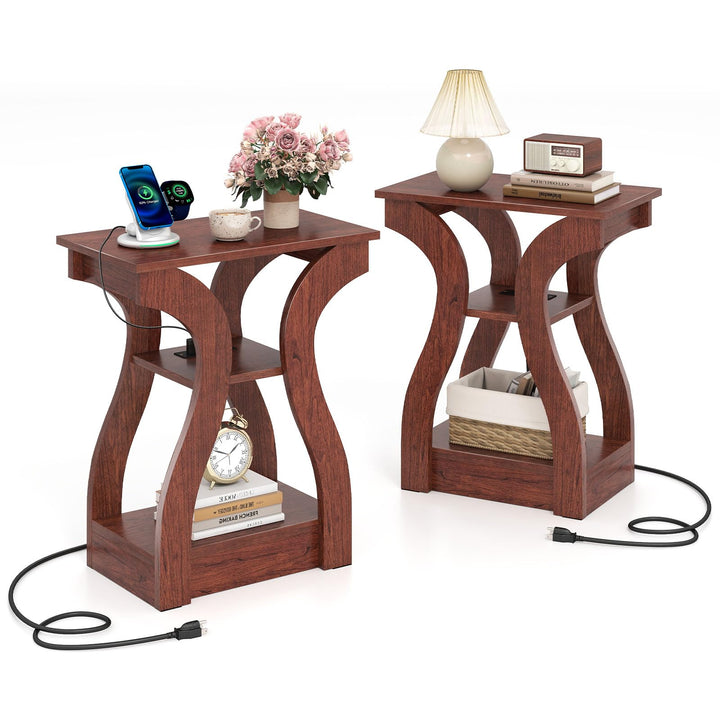 Giantex End Tables with Charging Station Set of 2 Narrow Sofa Side Tables with Open Storage Shelves