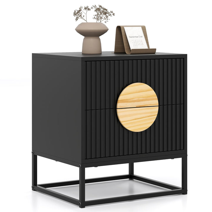 Giantex Fluted Nightstand with 2 Drawers with Natural Circle Handle &amp; Metal Frame