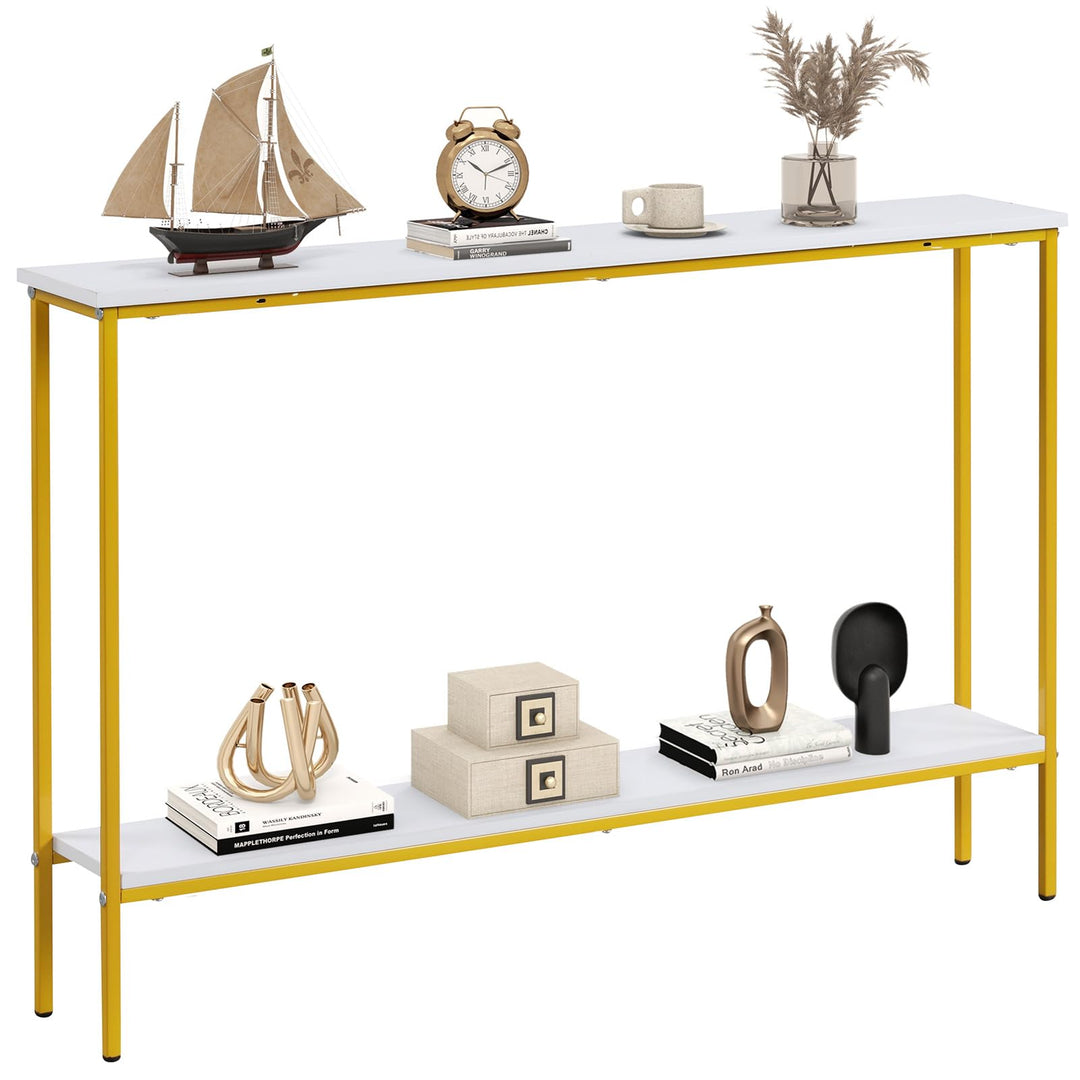 Giantex Gold Console Table with Shelf, 44" Narrow Entryway Table w/Dual Anti-Tipping Kits &amp; Golden Metal Frame