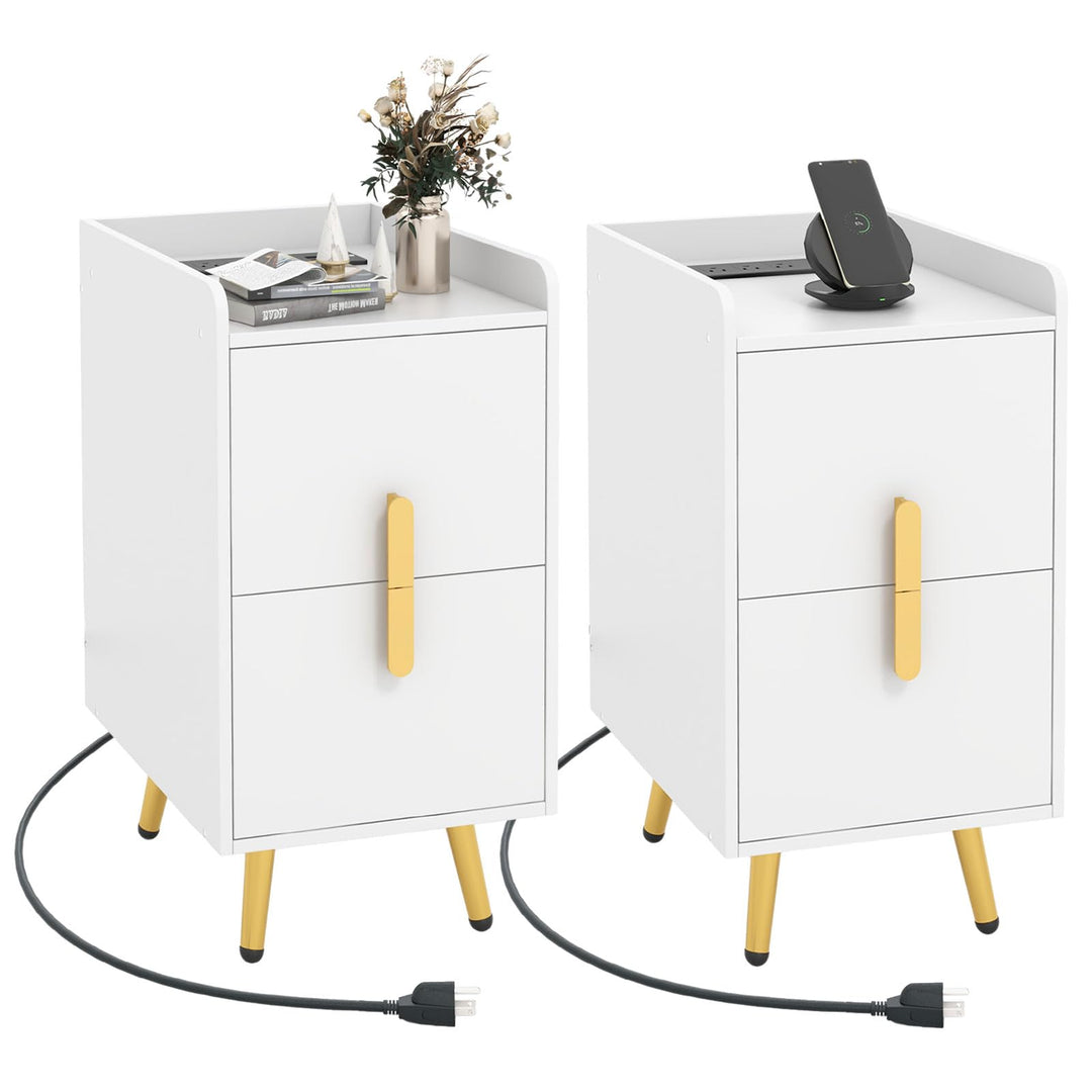 Giantex Nightstand with Charging Station, Narrow End Table with 2 Drawers &amp; Metal Gold Legs