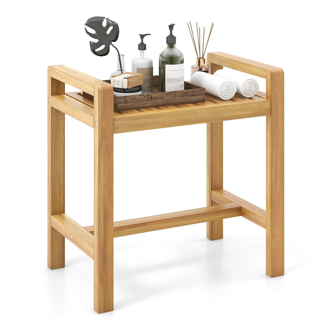 Giantex Teak Wood Shower Bench - 20" Waterproof Shower Stool with Handles and Slatted Seat for Inside Shower