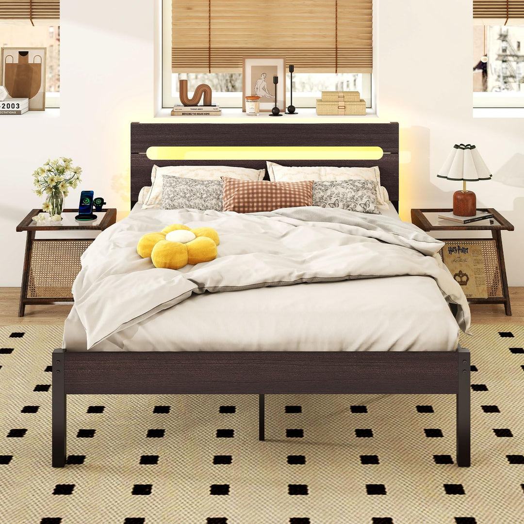 Giantex Full Size LED Bed Frame with Charging Station Rustic Metal Platform Bed