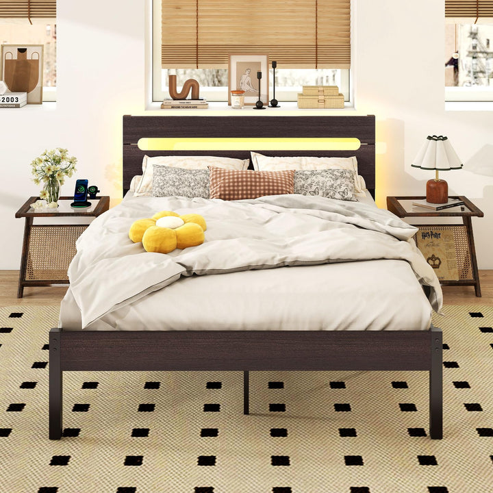 Giantex Full Size LED Bed Frame with Charging Station Rustic Metal Platform Bed