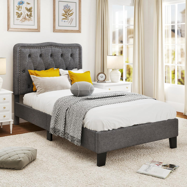 Giantex Twin Size Bed Frame, Modern Linen Upholstered Platform Bed w/ 46" Tall Button Tufted Headboard