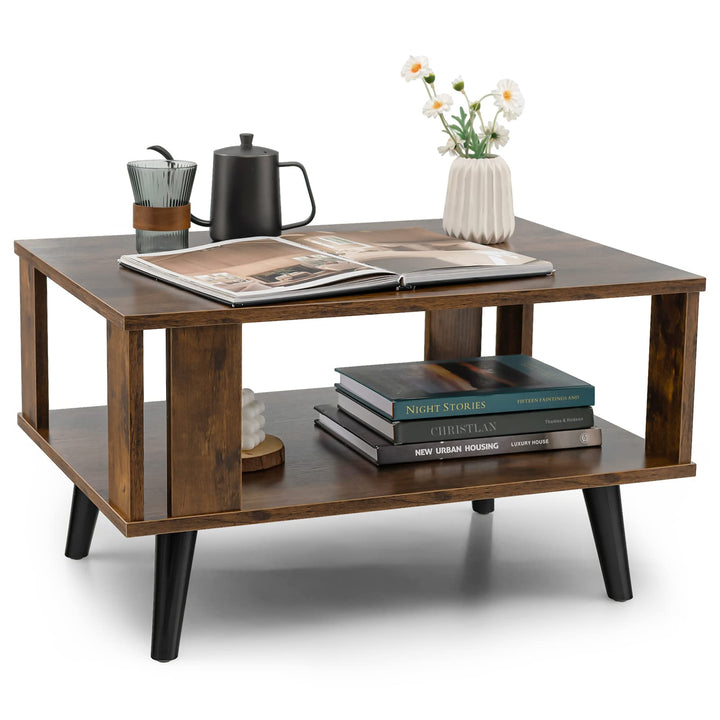 Giantex Retro Wood Coffee Table, 2-Tier Tea Table w/Open Storage Shelf &amp; Supportive Legs