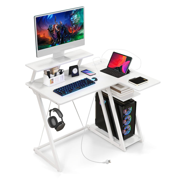 Giantex L Shaped Gaming Desk with Outlets &amp; USB Ports, Small Computer Desk with Monitor Shelf