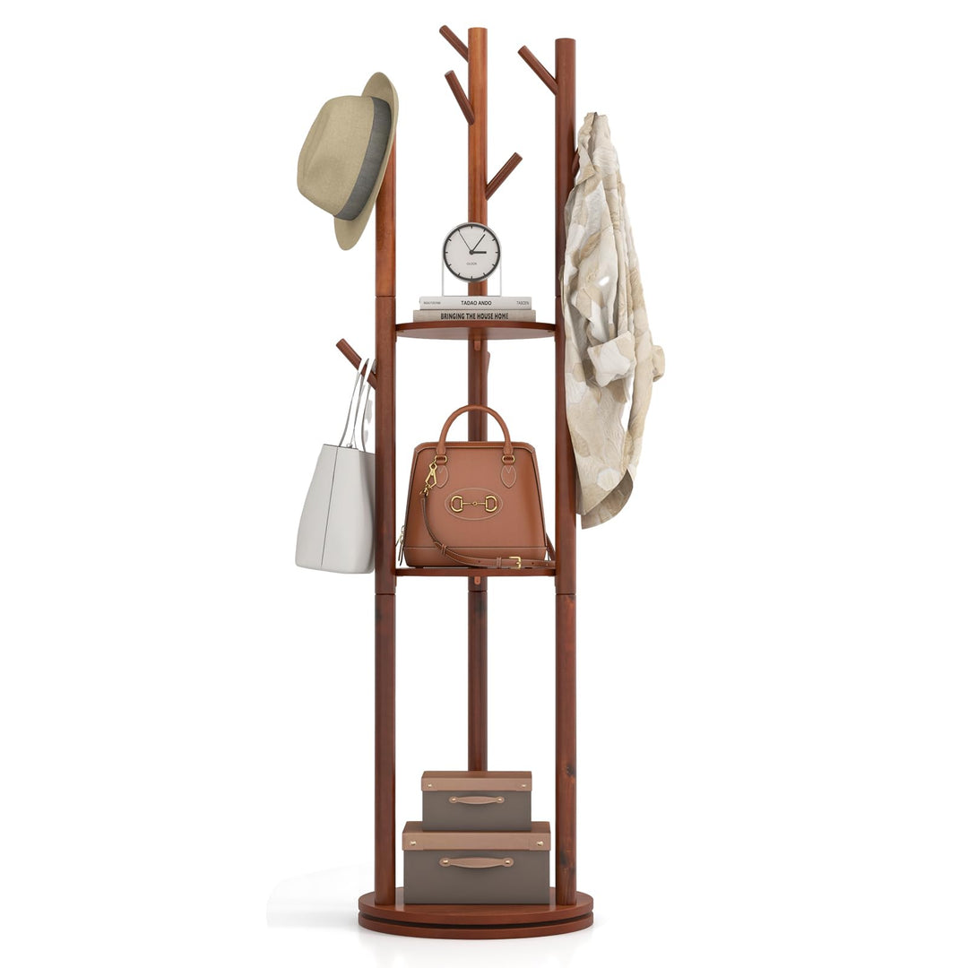 Giantex Coat Rack Freestanding, Wooden Rotary Coat Tree w/ 3 Display Storage Shelves &amp; 9 Hooks