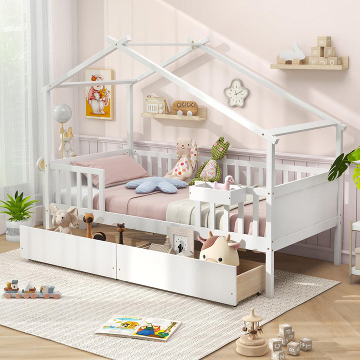 Giantex Twin House Bed with Drawers, Wooden Twin Bed Frame with Cube Storage &amp; Fence Rails