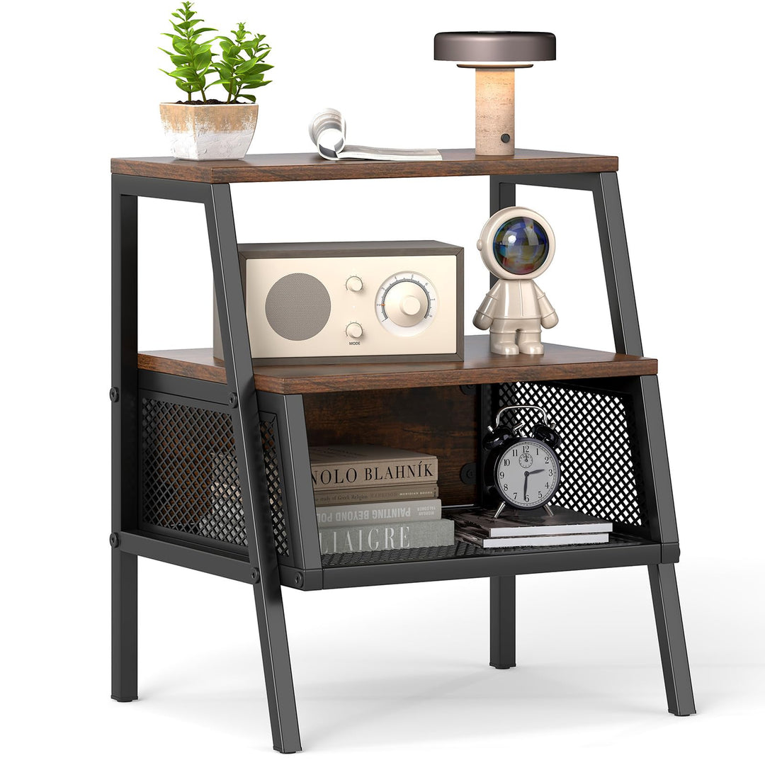 Giantex Industrial Nightstand 3-Tier End Table with 2 Open Shelves and Metal Mesh Compartment
