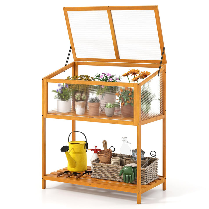 Giantex Wood Cold Frame Greenhouse with Transparent Openable Roof &amp; Slatted Shelf