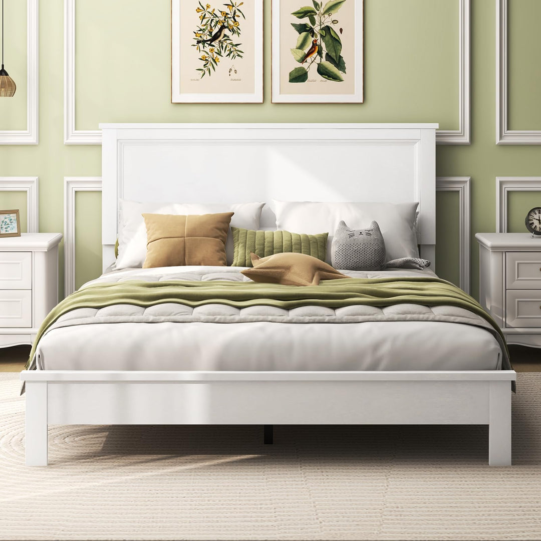 Queen/Full/Twin Size Platform Bed w/ Rubber Wood Legs &amp; Integrated Headboard | Wooden Bed Frame