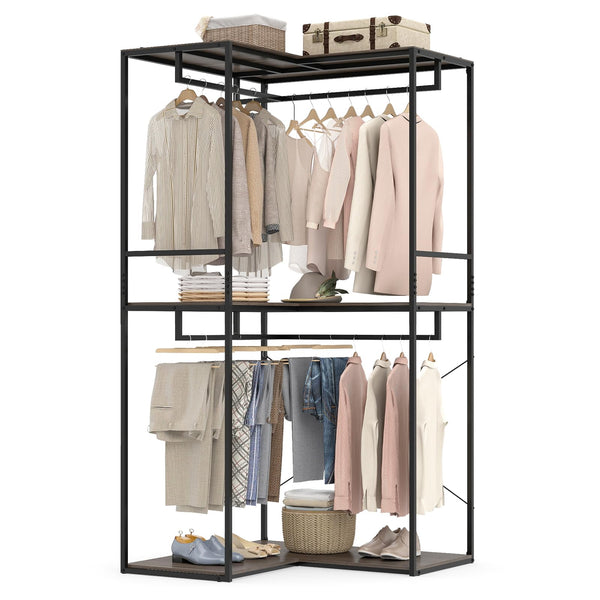 Giantex Heavy Duty Clothes Rack | 3-Tier L-Shaped Garment Rack w/3 Open Shelves & 2 Hanging Racks