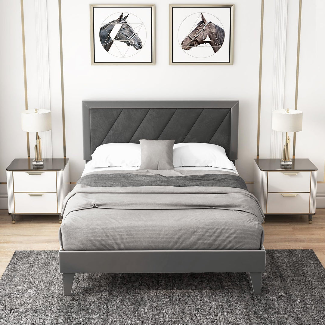 Giantex Full Size Velvet Bed Frame with Headboard, Modern Upholstered Platform Bed, No Box Spring Needed, Black &amp; Gray
