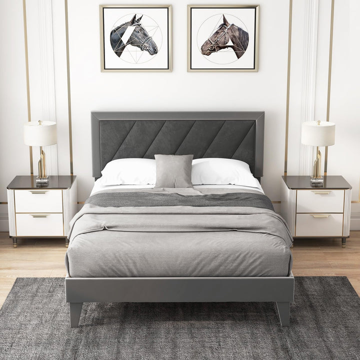 Giantex Full Size Velvet Bed Frame with Headboard, Modern Upholstered Platform Bed, No Box Spring Needed, Black &amp; Gray