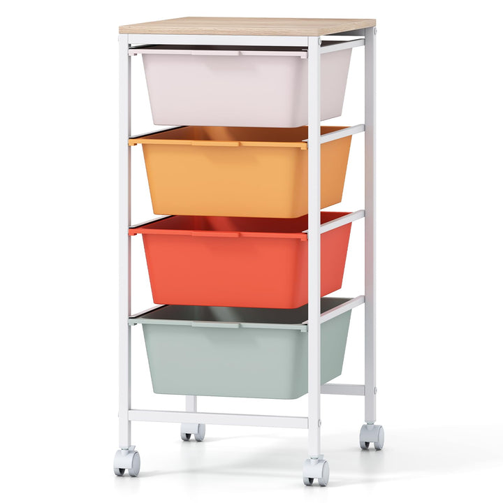 Giantex 4-Drawer Rolling Storage Cart Mobile Utility Organizer with Wooden Tabletop and Lockable Wheels