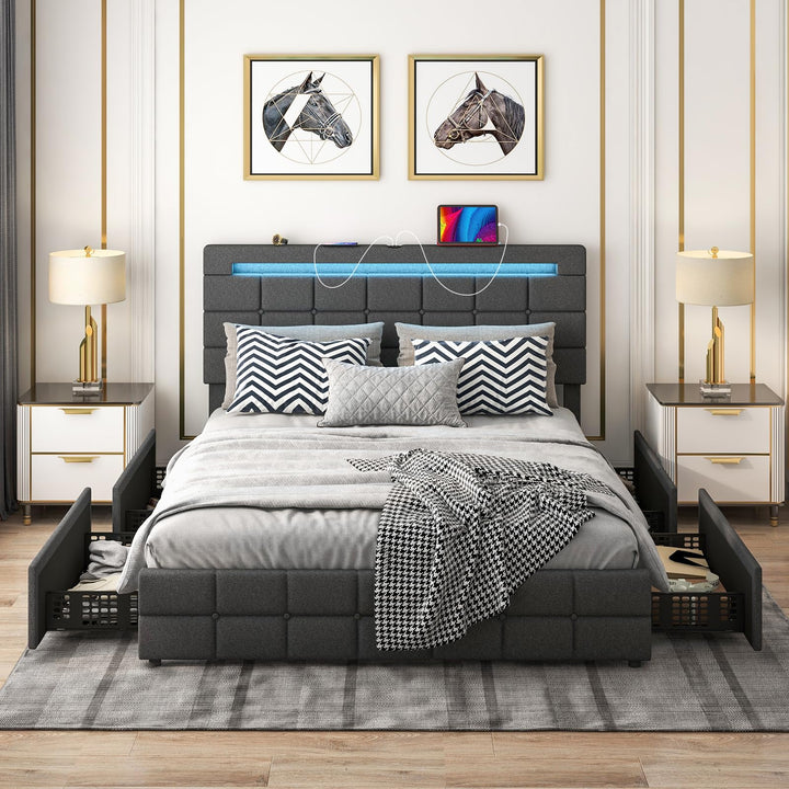 Giantex Full/Twin Size Bed Frame with LED Lights and 4 Drawers