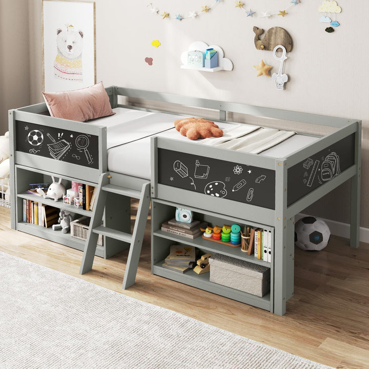 Giantex Low Loft Bed Twin Size, Wooden Loft Bed with Ladder &amp; Blackboard